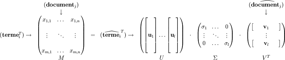  \begin{matrix}   & (\textbf{document}_j) & & & & & & & (\widehat{ \textbf{document}_j) } \\  & \downarrow & & & & & & & \downarrow \\ (\textbf{terme}_i^T) \rightarrow  & \begin{pmatrix}  x_{1,1} & \dots & x_{1,n} \\ \\ \vdots & \ddots & \vdots \\ \\ x_{m,1} & \dots & x_{m,n} \\ \end{pmatrix} & = & (\widehat{ \textbf{terme}_i} ^T) \rightarrow & \begin{pmatrix}  \begin{bmatrix} \, \\ \, \\ \textbf{u}_1 \\ \, \\ \,\end{bmatrix}  \dots \begin{bmatrix} \, \\ \, \\ \textbf{u}_l \\ \, \\ \, \end{bmatrix} \end{pmatrix} & \cdot & \begin{pmatrix}  \sigma_1 & \dots & 0 \\ \vdots & \ddots & \vdots \\ 0 & \dots & \sigma_l \\ \end{pmatrix} & \cdot & \begin{pmatrix}  \begin{bmatrix} & & \textbf{v}_1 & & \end{bmatrix} \\ \vdots \\ \begin{bmatrix} & & \textbf{v}_l & & \end{bmatrix} \end{pmatrix}\\  & M & & & U & & \Sigma & & V^T \end{matrix} 