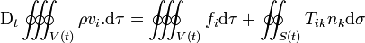 \mathrm D_t \oint\!\!\!\!\oint\!\!\!\!\oint_{V(t)} \rho v_i. \mathrm d\tau = \oint\!\!\!\!\oint\!\!\!\!\oint_{V(t)} f_i \mathrm d\tau + \oint\!\!\!\!\oint_{S(t)} T_{ik} n_k \mathrm d \sigma