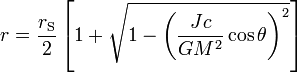 r = \frac{r_\mathrm{S}}{2} \left[ 1 + \sqrt{1-\left(\frac{Jc}{GM^2}\cos\theta\right)^2} \right]