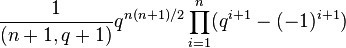 {1\over (n+1,q+1)}q^{n(n+1)/2}\prod_{i=1}^n(q^{i+1}-(-1)^{i+1})