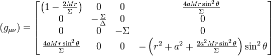  (g_{\mu \nu}) =  \begin{bmatrix}  \left(1-\frac{2Mr}{\Sigma}\right) & 0 & 0 & \frac{4aMr\sin^2\theta}{\Sigma} \  \\   0  & -\frac{\Sigma}{\Delta} & 0 & 0 \\  0 & 0 & -\Sigma & 0 \\  \frac{4aMr\sin^2\theta}{\Sigma} & 0 & 0 & -\left(r^2+a^2+\frac{2a^2Mr\sin^2\theta}{\Sigma}\right)\sin^2\theta  \end{bmatrix} \  