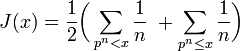 J(x) = \frac12 \bigg(\sum_{p^n < x} \frac1n\ + \sum_{p^n \le x} \frac1n\bigg)