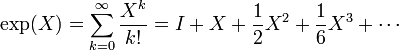 \exp (X) = \sum_{k=0}^\infty\frac{X^k}{k!} = I + X + \frac{1}{2}X^2 + \frac{1}{6}X^3 + \cdots