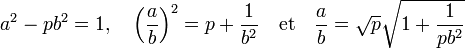 a^2 - pb^2 = 1,\quad \left(\frac ab\right)^2 = p + \frac 1{b^2}\quad \text{et}\quad \frac ab = \sqrt p \sqrt{1 + \frac 1{pb^2}}