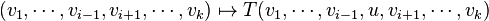 (v_1,\cdots,v_{i-1},v_{i+1},\cdots,v_k) \mapsto T(v_1, \cdots, v_{i-1}, u, v_{i+1}, \cdots,v_k)
