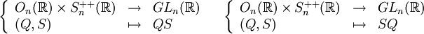  \left\{\begin{array}{lll} O_n(\R)\times S_n^{++}(\R) &\to &GL_n(\R)\\ (Q,S) &\mapsto & QS \end{array}\right.\quad \left\{\begin{array}{lll} O_n(\R)\times S_n^{++}(\R) &\to &GL_n(\R)\\ (Q,S) &\mapsto & SQ \end{array}\right. 