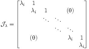  \mathcal{J}_{\lambda} = \begin{bmatrix}      \lambda_i & 1 &  &  &  &  \\      & \lambda_i & 1 &  & (0) &  \\      &  & \ddots & \ddots &  &  \\      &  &  & \ddots & \ddots &  \\      & (0) &  &  & \lambda_i & 1 \\      &  &  &  &  & \lambda_i \\ \end{bmatrix}