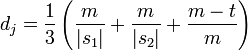 d_j = \frac{1}{3}\left(\frac{m}{|s_1|} + \frac{m}{|s_2|} + \frac{m-t}{m}\right)