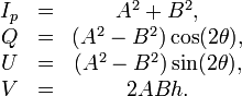  \begin{matrix} I_p & = & A^2 + B^2,           \\ Q   & = & (A^2-B^2)\cos(2\theta), \\ U   & = & (A^2-B^2)\sin(2\theta),  \\ V   & = & 2ABh.     \\ \end{matrix} 