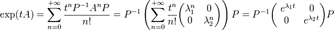 \exp(tA)=\sum_{n=0}^{+\infty} \frac{t^n P^{-1}A^nP}{n!}=P^{-1}\left(\sum_{n=0}^{+\infty} \frac{t^n}{n!}\begin{pmatrix} \lambda_1^n & 0 \\ 0 & \lambda_2^n \end{pmatrix}\right)P=P^{-1} \begin{pmatrix} \ e^{\lambda_1 t} & 0 \\ 0 & e^{\lambda_2 t} \end{pmatrix} P\;