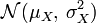 \mathcal{N}(\mu_X,\, \sigma_X^2)