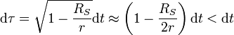 \mathrm d\tau = \sqrt{ 1 - \frac{R_S}{r}}\mathrm dt \approx \left( 1 - \frac{R_S}{2r} \right)\mathrm dt < \mathrm dt