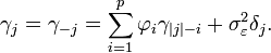 \gamma_j = \gamma_{-j} = \sum_{i=1}^p \varphi_i \gamma_{|j|-i} + \sigma_\varepsilon^2 \delta_j.