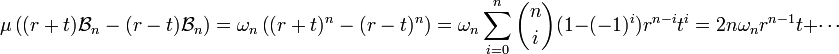 \mu \left((r+t) {\mathcal B_n} - (r-t) {\mathcal B_n}\right) = \omega_n\left((r+t)^n - (r-t)^n\right) = \omega_n \sum_{i=0}^n \binom ni (1 - (-1)^i)r^{n-i}t^i = 2n\omega_n r^{n-1}t + \cdots 