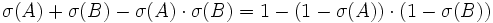 \sigma (A) + \sigma (B) - \sigma (A) \cdot \sigma (B) = 1 - \left (1 - \sigma (A)\right )\cdot \left(1 - \sigma (B)\right )