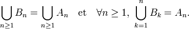 \bigcup_{n\ge 1}B_n=\bigcup_{n\ge 1}A_n\quad\text{et}\quad\forall n\ge 1, \ \bigcup_{k= 1}^nB_k=A_n.