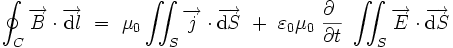 \oint_C \overrightarrow{B} \cdot \overrightarrow{\mathrm{d}l} \ = \ \mu_0 \iint_{S} \overrightarrow{j} \cdot \overrightarrow{\mathrm{d} S} \ + \  \varepsilon_0 \mu_0 \ \frac{\partial ~}{\partial t} \ \iint_{S} \overrightarrow{E} \cdot \overrightarrow{\mathrm{d} S} 