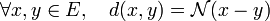 \forall x,y \in E, \quad d(x,y) = \mathcal N(x-y)