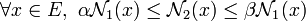 \forall x \in E, \ \alpha \mathcal{N}_1(x) \leq \mathcal{N}_2(x) \leq \beta \mathcal{N}_1(x)