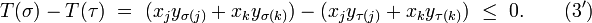 T(\sigma)-T(\tau)\ =\ (x_jy_{\sigma(j)}+x_ky_{\sigma(k)})-(x_jy_{\tau(j)}+x_ky_{\tau(k)})\ \le\ 0.\qquad(3^{\prime})