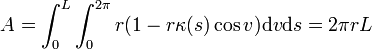 A=\int_0^L\int_0^{2\pi} r(1-r\kappa(s) \cos v )\mathrm{d}v \mathrm{d}s=2\pi rL