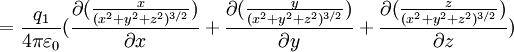 = \frac{q_1}{4 \pi \varepsilon_0}(\frac {\partial (\frac{x}{(x^2+y^2+z^2)^{3/2}})} {\partial x} +   \frac {\partial (\frac{y}{(x^2+y^2+z^2)^{3/2}})} {\partial y} +   \frac {\partial (\frac{z}{(x^2+y^2+z^2)^{3/2}})} {\partial z})   