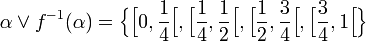 \alpha \vee f^{-1}(\alpha) = \Big\{\Big[0, \frac{1}{4}\Big[, \Big[\frac{1}{4}, \frac{1}{2}\Big[, \Big[\frac{1}{2}, \frac{3}{4}\Big[, \Big[\frac{3}{4},1\Big[\Big\}