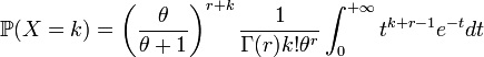  \mathbb{P}(X=k)=\left(\dfrac{\theta}{\theta+1}\right)^{r+k}\dfrac{1}{\Gamma(r)k!\theta^r}\int_0^{+ \infty}t^{k+r-1}e^{-t}dt