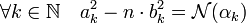 \forall k \in \mathbb N\quad a_k^2 - n\cdot b_k^2 = \mathcal N (\alpha_k)