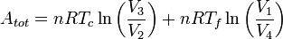 A_{tot} = nRT_c \ln\left(\frac{V_3}{V_2}\right) + nRT_f \ln\left(\frac{V_1}{V_4}\right)