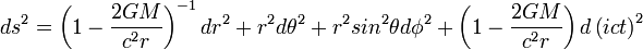 ds^2=  \left(1-\frac{2GM}{c^2r}\right)^{-1} dr^2 + r^2 d \theta ^2 + r^2 sin^2\theta d \phi ^2 + \left(1-\frac{2GM}{c^2r}\right)d\left(ict\right)^2