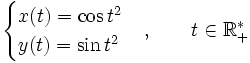 \begin{cases}x(t)=\cos t^2 \\y(t)= \sin t^2  \end{cases}, \qquad t\in \R_+^*