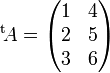 ^{\operatorname t}\!A = \begin{pmatrix} 1 & 4 \\ 2 & 5 \\ 3 & 6 \end{pmatrix}