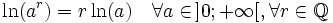 \ln(a^r) = r \ln(a) \quad \forall a \in\, ]0 ; + \infty[, \forall r \in \mathbb Q