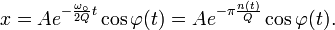 x = A e^{-\frac{\omega_\circ}{2Q} t} \cos\varphi(t) = A e^{-\pi\frac{n(t)}{Q}} \cos\varphi(t).