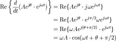  \begin{align} \operatorname{Re}\left\{\frac{d}{dt}(A e^{j\theta} \cdot e^{j\omega t})\right\} &= \operatorname{Re}\{A e^{j\theta} \cdot j\omega e^{j\omega t}\} \\ &= \operatorname{Re}\{A e^{j\theta} \cdot e^{j\pi/2} \omega e^{j\omega t}\} \\ &= \operatorname{Re}\{\omega A e^{j(\theta + \pi/2)} \cdot e^{j\omega t}\} \\ &= \omega A\cdot \cos(\omega t + \theta + \pi/2) \end{align} 