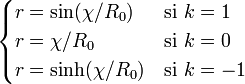  \begin{cases} r = \sin (\chi/R_0)   & \textrm{si\ } k = 1 \\ r = \chi/R_0       & \textrm{si\ } k = 0\\ r = \sinh (\chi/R_0)  & \textrm{si\ } k = -1\\ \end{cases} 