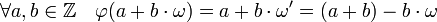\forall a, b \in \mathbb Z \quad \varphi(a + b\cdot \omega) = a + b\cdot \omega' = (a + b) - b\cdot \omega\;