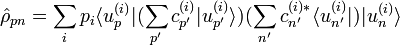  \hat \rho_{pn} = \sum_i p_i \langle u_p^{(i)} | (\sum_{p'} c_{p'}^{(i)} |u_{p'}^{(i)} \rangle) (\sum_{n'} c_{n'}^{(i)*}\langle u_{n'}^{(i)}| )| u_n^{(i)} \rangle