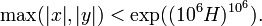 \max (|x|, |y|)<\exp((10^6H)^{{10}^6}).