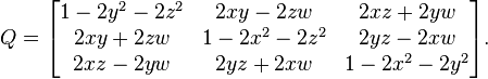  Q = \begin{bmatrix}     1 - 2 y^2 - 2 z^2 & 2 x y - 2 z w & 2 x z + 2 y w \\     2 x y + 2 z w & 1 - 2 x^2 - 2 z^2 & 2 y z - 2 x w \\     2 x z - 2 y w & 2 y z + 2 x w & 1 - 2 x^2 - 2 y^2 \end{bmatrix} . 