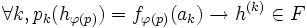 \forall k, p_k(h_{\varphi(p)})=f_{\varphi(p)}(a_k) \rightarrow h^{(k)}\in F