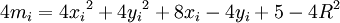 4m_i=4{x_i}^2+4{y_i}^2+8x_i-4y_i+5-4R^2