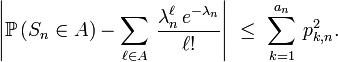 \left|\mathbb{P}\left(S_n\in  A\right)-\sum_{\ell\in   A}\,\frac{\lambda_n^\ell\,e^{-\lambda_n}}{\ell!}\right|\   \le\ \sum_{k=1}^{a_n}\,p_{k,n}^2.