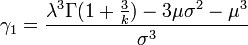 \gamma_{1}=\frac{\lambda^3\Gamma(1+\frac{3}{k})-3\mu\sigma^2-\mu^3}{\sigma^3}