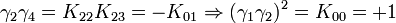  \gamma_2\gamma_4 = K_{22}K_{23} = -K_{01} \Rightarrow (\gamma_1\gamma_2)^2 = K_{00}= +1 