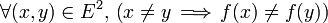 \forall (x,y) \in E^2,\, \left(x \neq y \,\Longrightarrow\, f(x) \neq f(y) \right)