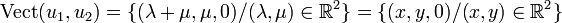 {\rm Vect}(u_1, u_2)=\{(\lambda+\mu,\mu,0)/(\lambda,\mu)\in\mathbb{R}^2\}=\{(x,y,0)/(x,y)\in\mathbb{R}^2\}