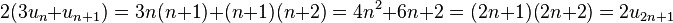 2(3u_n + u_{n+1}) = 3n(n+1) + (n+1)(n+2) = 4n^2 + 6n + 2 = (2n+1)(2n+2)=2u_{2n+1}\;