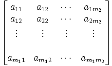  \begin{bmatrix} a_{11} & a_{1 2} & \cdots & a_{1 m_2} \\  a_{12} & a_{2 2} & \cdots & a_{2 m_2} \\ \vdots & \vdots & \vdots & \vdots \\ \\ a_{m_1 1} & a_{m_1 2} & \cdots & a_{m_1 m_2} \end{bmatrix} 